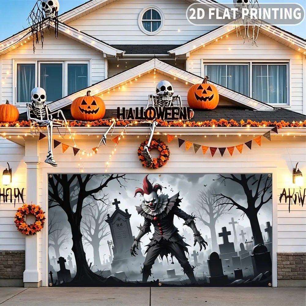 1pc 2D FLAT Halloween Party Garage Banner, Scary Clown In Graveyard Scene Pattern, No Power Need, for Garage Door Decor