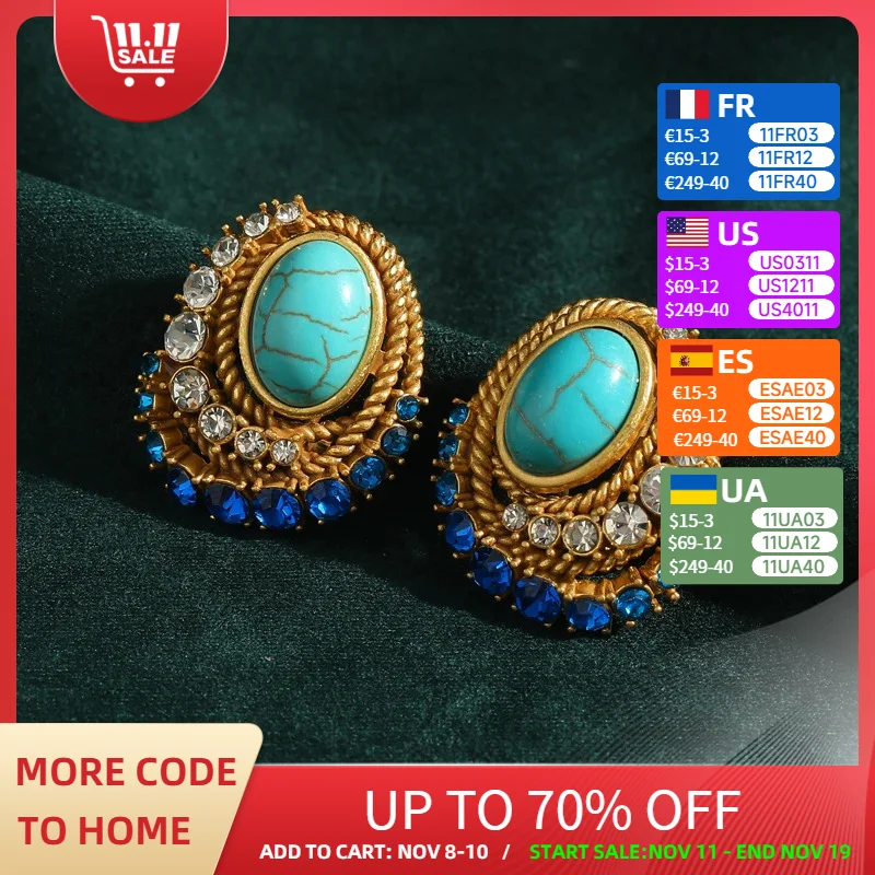 

Vintage Blue Natural Stone Oval Stud Earrings for Woman Rhinestones Luxury Designer Antique Jewelry Mum Gift Birthday 2025