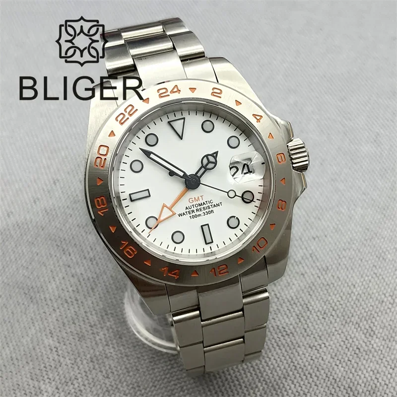 BLIGER 39mm NH34A GMT Mechanical Men's Watch Silver Case Sapphire Glass White Dial Orange GMT Steel Strap Waterproof Luminous