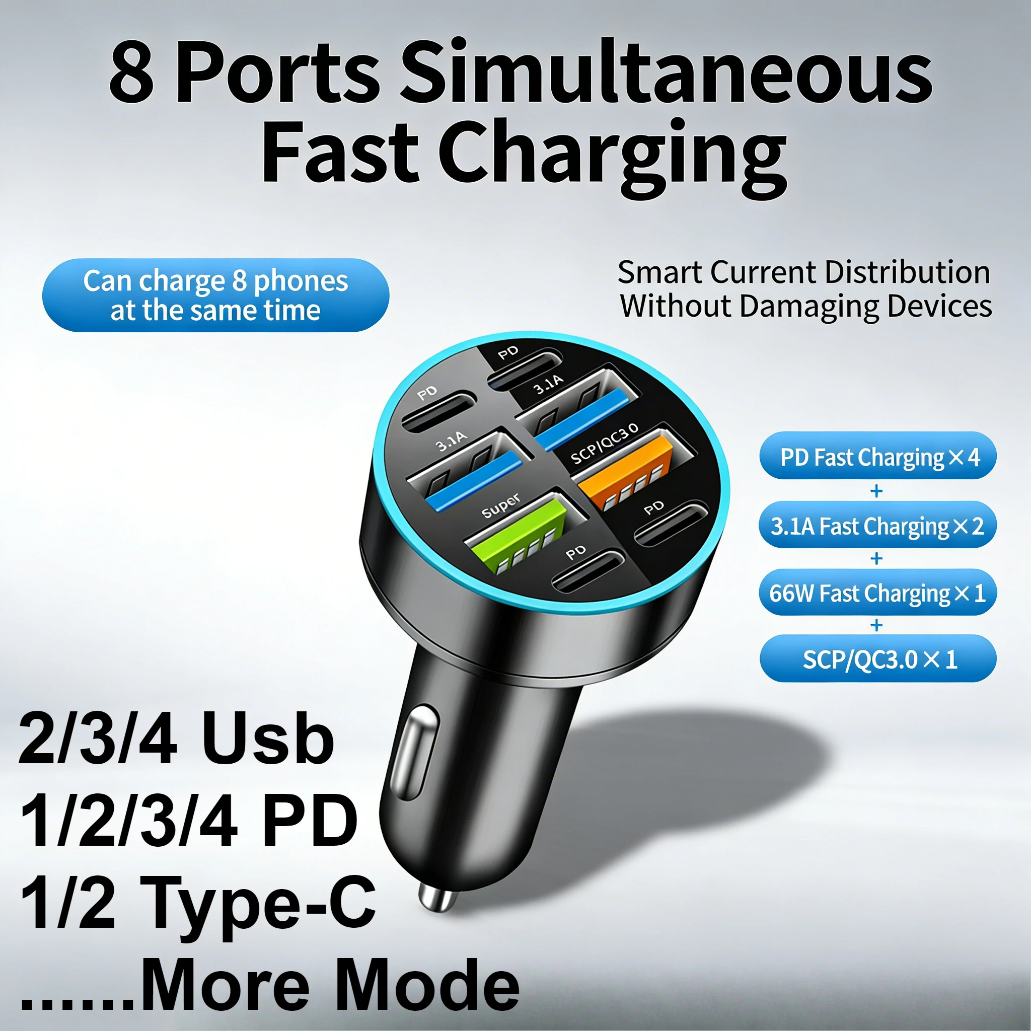 

New Digital Display Car Charger USB 66W Fast Charging PD Type C Phone Charger One-to-Four with Halo Car Charger