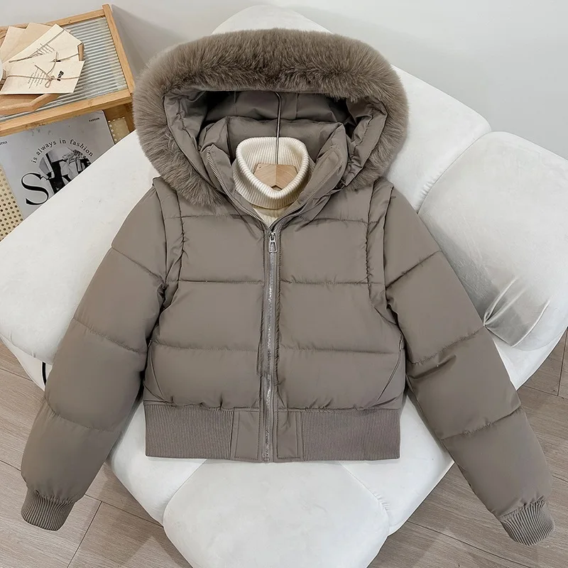 Women Parkas Remove Sleeve Fur Collar Hooded Plus Velvet Cotton Padded Jacket Ladies Short Warm Cotton Clothes Female Outerwear