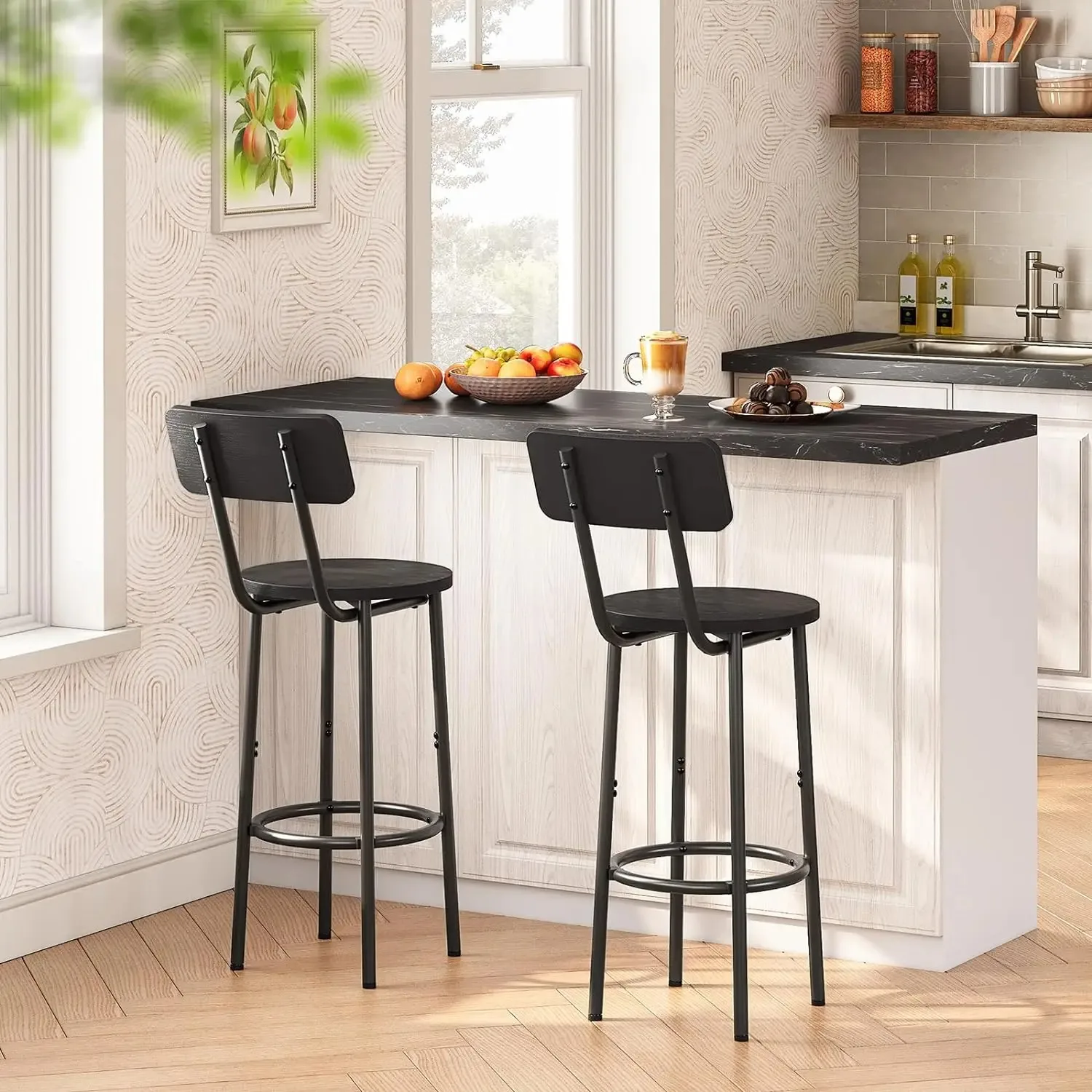 Comfort Corner Bar Stools,Set of 2 with Footrest and Back,for Kitchen Island,Counter Height Bar Stools,Rustic Brown and Black