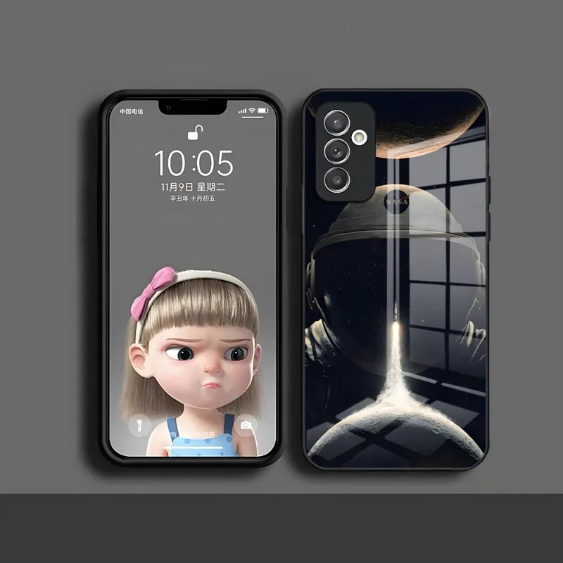 الكرتون رائد الفضاء والقمر قضية الهاتف ، غطاء زجاجي لسامسونج S20 ، S30 ، S32 ، S21 ، S23 ، S8 ، S9 ، S10E ، نوت 20 ، 10 برو ، الترا زائد #2