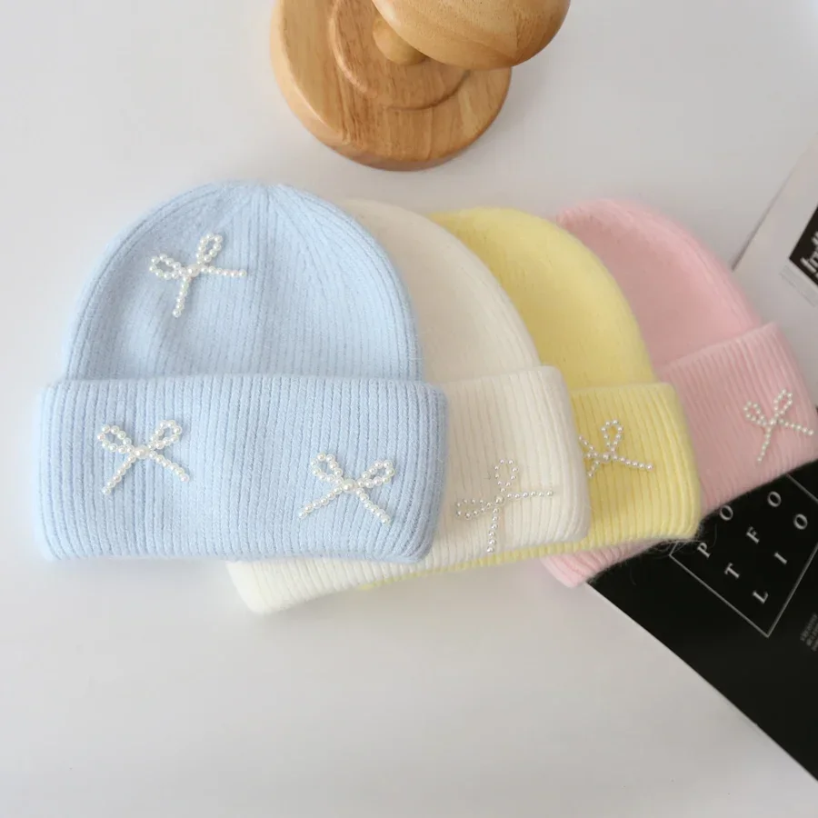 Damska czapka z dzianiny z perłową kokardą i mankietami dla kobiet Stretch Ribbed Fluffy Angora Soft Casual Stacking Knitted Bonnet Cap