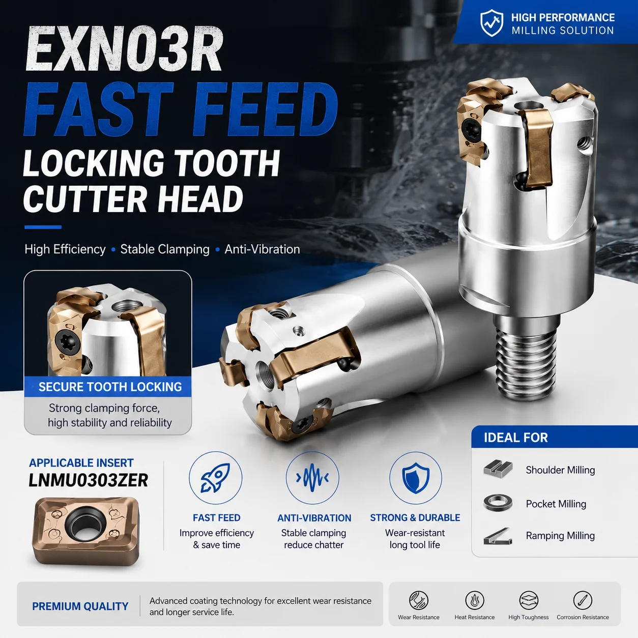 

EXN03R Fast Feed Face Milling Cutter Head Anti Vibration Locking Design for LNMU0303ZER Insert High Efficiency Tool