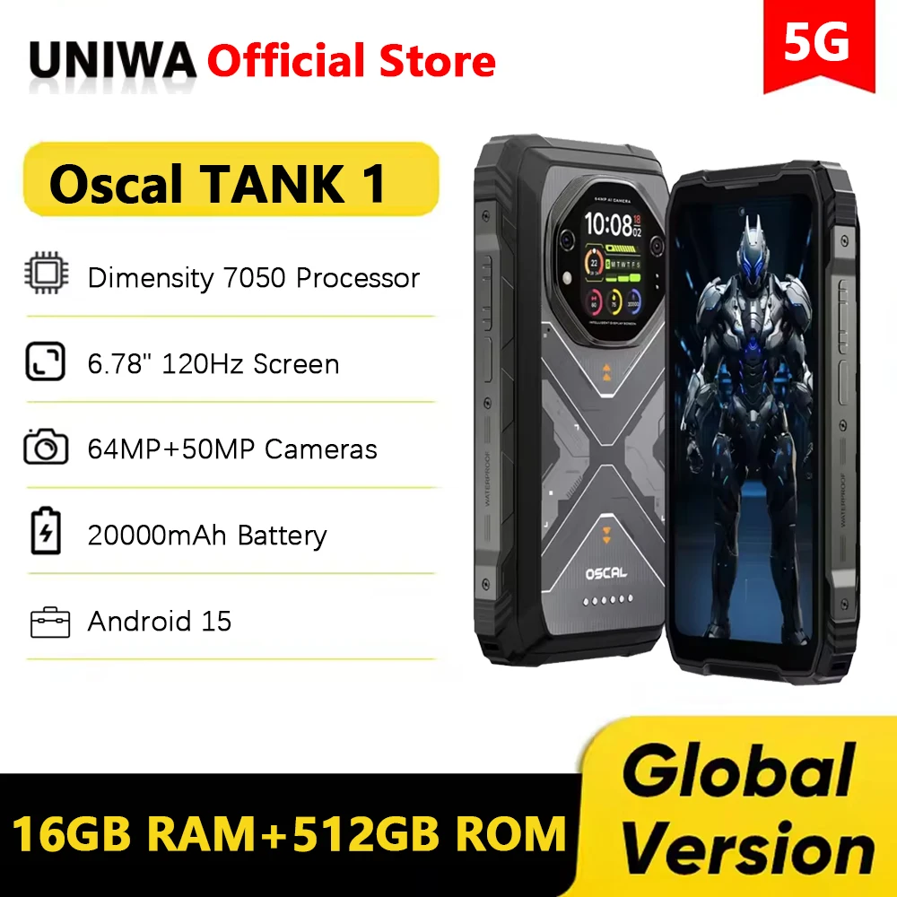 Blackview Oscal TANK 1 هاتف ذكي متين أندرويد 15 6.78 بوصة 2.4K 16GB 512GB هاتف محمول 20000mAh 64MP AI 5G الهاتف المحمول NFC