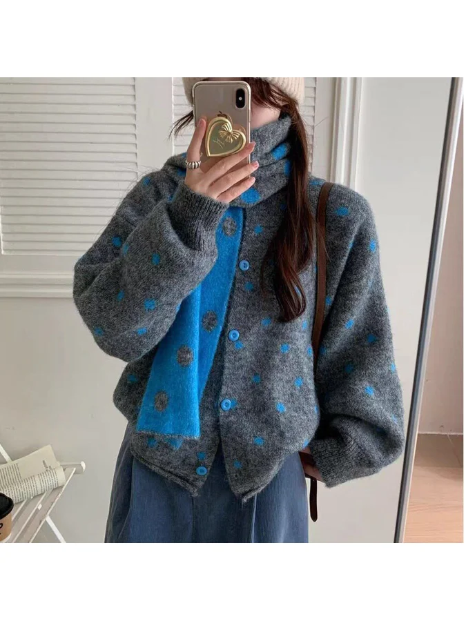 Women's Winter Loose Fit Chic Sweater Soft Cozy round Neck Polka Dot Top Warmth Versatile with Scarf Polyester Fiber Cardigan