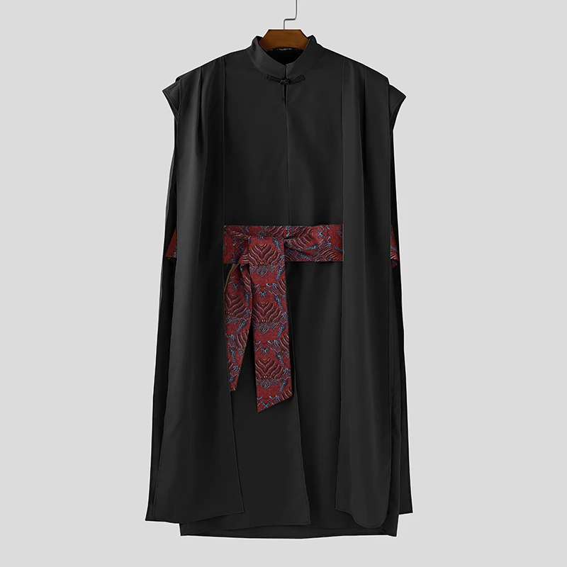 

INCERUN мужская рубашка с принтом в стиле пэчворк с воротником-стойкой без рукавов, длинные стильные рубашки нестандартной формы, уличная модная повседневная мужская одежда