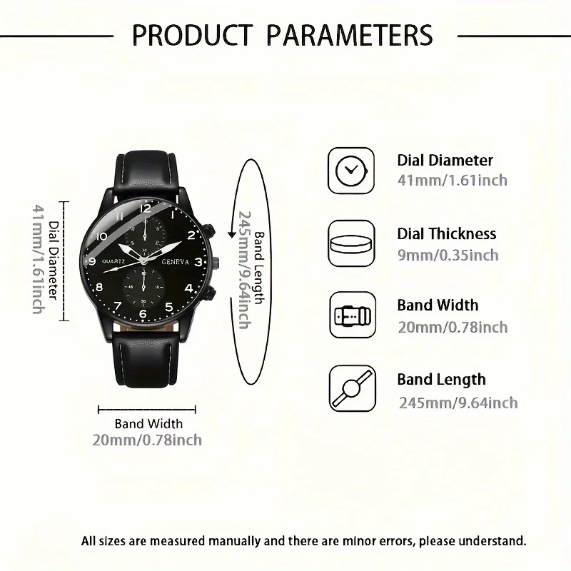 2-piece set - Fashionable men's quartz watch with zinc alloy case and PU leather strap, electronic driver, circular dial