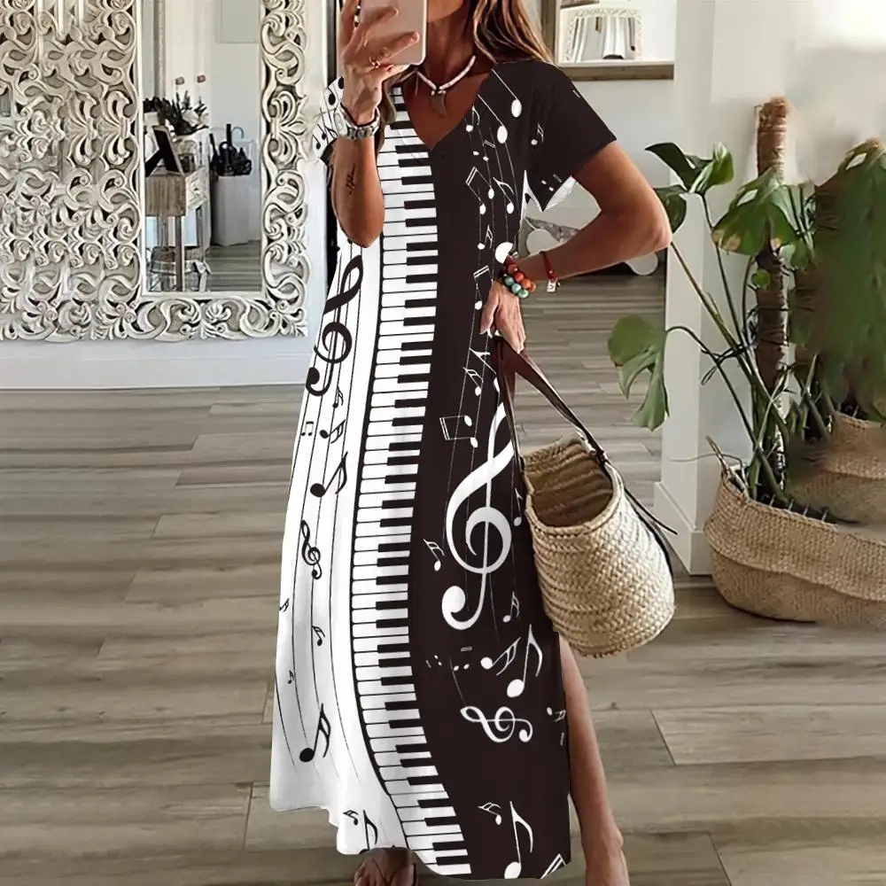 2024 Black And White Music Note Print Women\'s Dresses Plus Size Elegant Dresses Female Long Dresses Summer  Women\'s Clothing