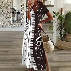 2024 Black And White Music Note Print Women's Dresses Plus Size Elegant Dresses Female Long Dresses Summer  Women's Clothing