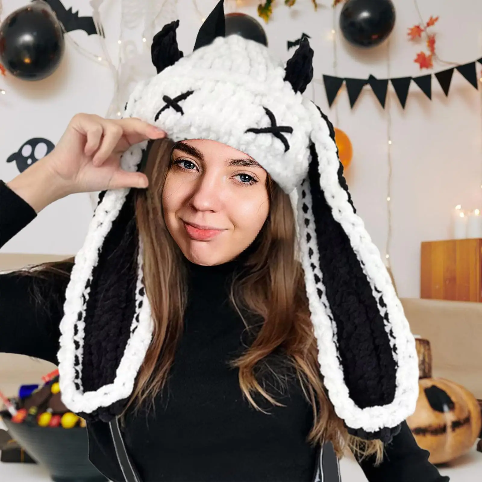 Cute Funny Little Devil Long Ear Knitted Hat Autumn And Winter Warmth Ear Protection Handmade Beanie Hat Cow Horn Hat 2025