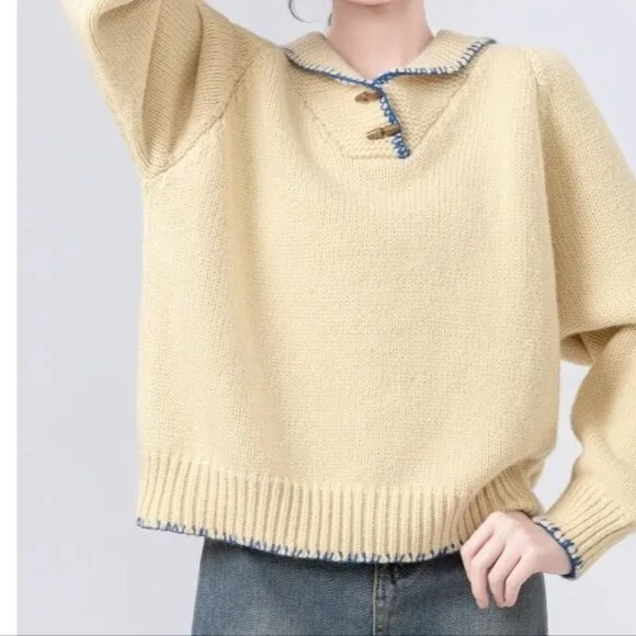 

Осень-зима, новый стильный свитер с воротником-поло, удобный повседневный топ, желтый утолщенный мягкий женский трикотаж на пуговицах, свободный крой