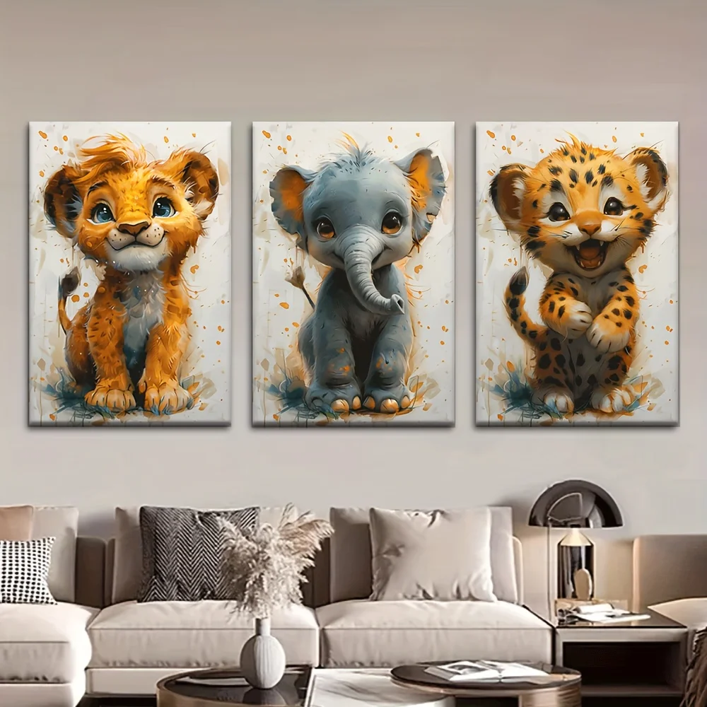 (No frame)3pcs/Set, Canvas Painting--Unframed, Little Lion, Little Elephant, Little Tiger, Posters And Prints, Living Room, L