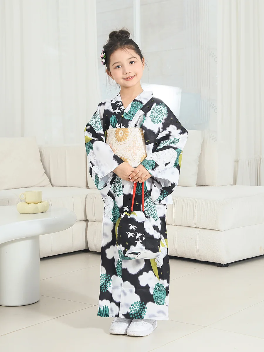 

Girls Japanese Traditional Kimono 4pcs Set Floral Modernized Yukata Stage Performance Dress Children Cosplay Costume