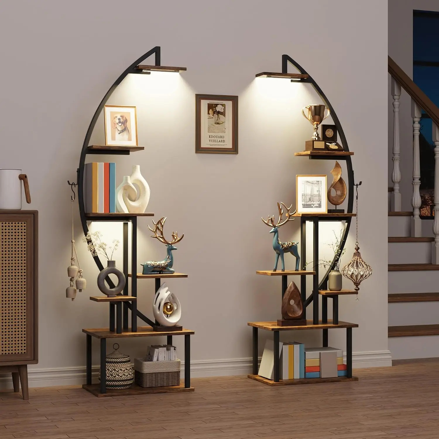 2 Pack Ladder Bookcase 7 Tier Arched Tall Bookshelf Lights 64 Modern Corner Display Shelf Rustic Brown Home Office Bedroom Livin