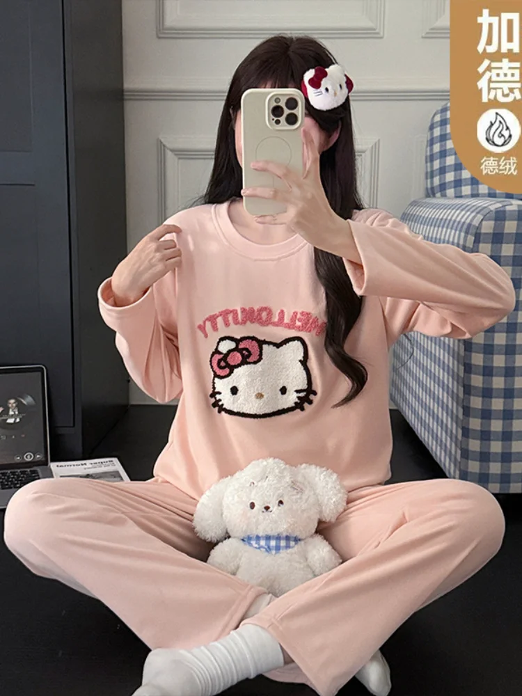 

Hello Kitty Kawaii милая девчачья осенне-зимняя утолщенная фланелевая домашняя одежда с длинными рукавами, пижамный комплект для студенческого общежития, подарок