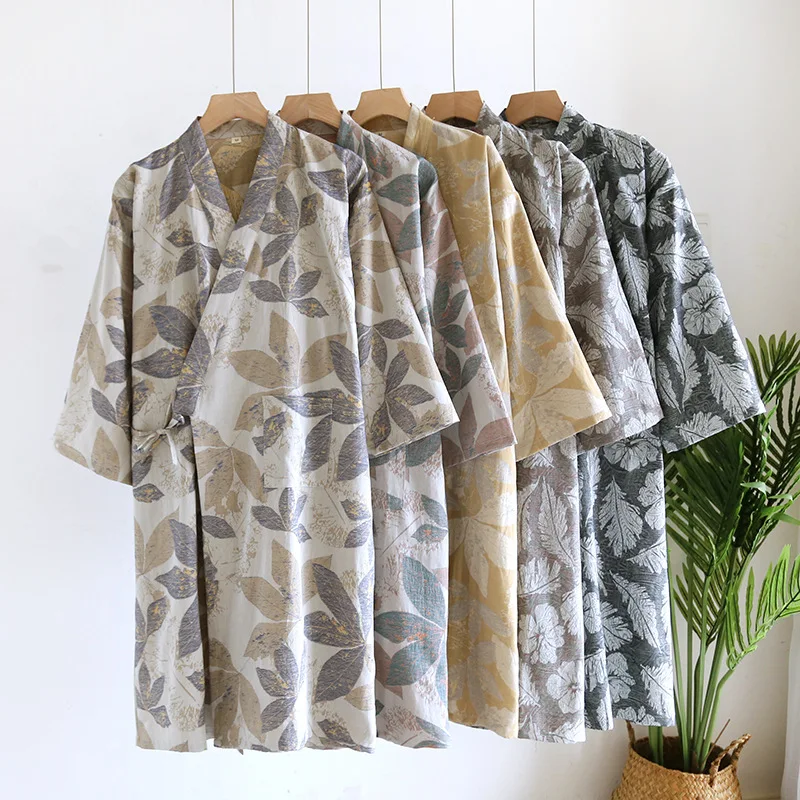 

Халат-кимоно мужской с желтым принтом, длинный халат из 100% хлопка, весна-осень