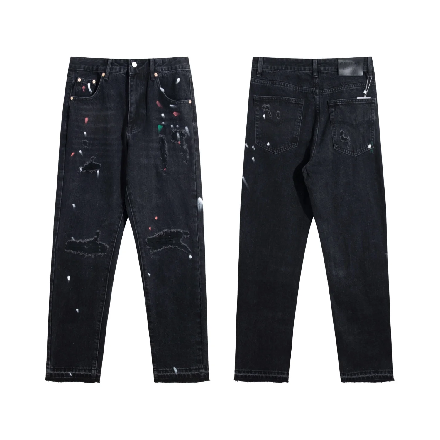 

Aged Splaed Paint Design Hole Straight Leg Dstring Denim Jeans Casual Loose Fit mid Waist Zipper Closure Autumn Wear