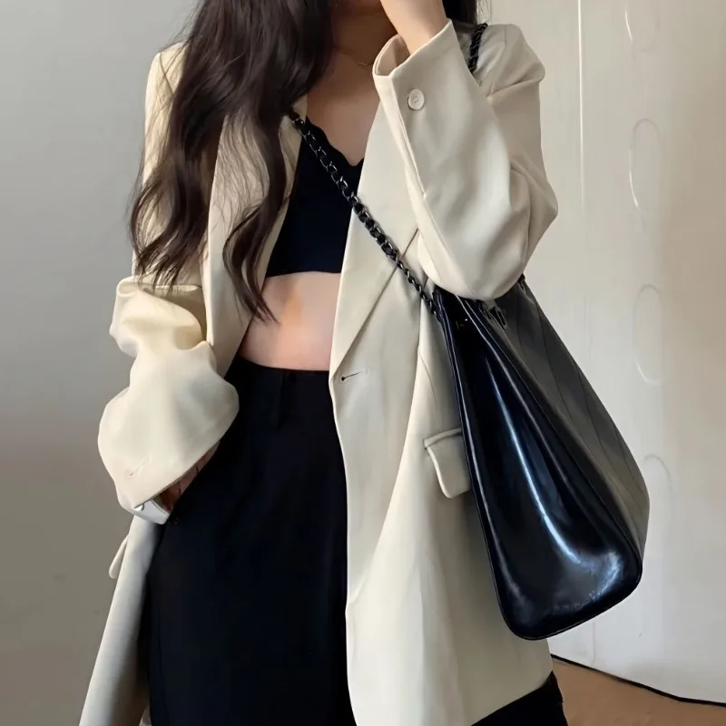 سترة نسائية فضفاضة باللون البيج للربيع والخريف سترة غير رسمية على الطراز الكوري ملابس الشارع الشهير للطلاب #1