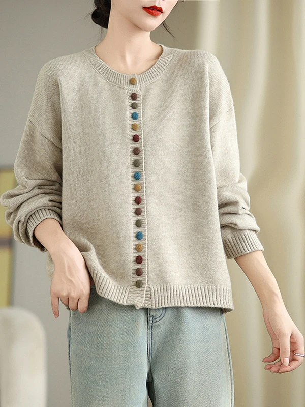 

Authentic Vintage round Ne Button Knitted Sweater Autumn 2025 Versatile High-End Feel Loose Fit Long Sve Cardigan