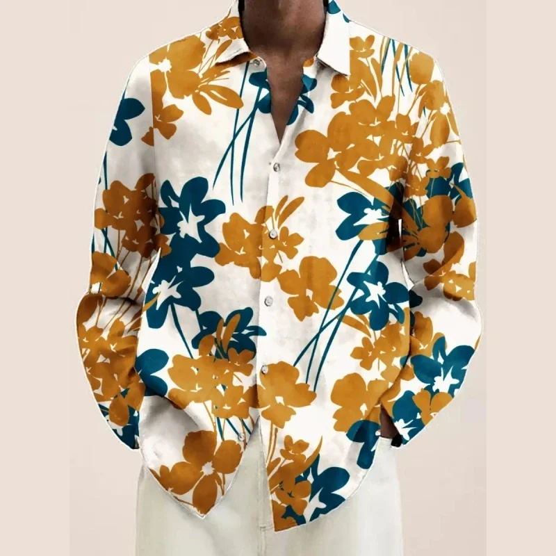 Men's Autumn Plant Flower Natural 3D Printed Shirt Long Sleeve Lapel Shirt Business Casual Vacation Outdoor Top Shirt Gift