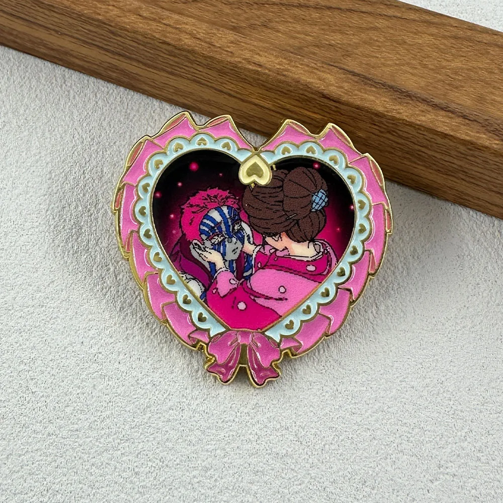 Akaza and Koyuki Couple Enamel Brooch Pink Heart Bow Badge Fan Collectible Anime Merchandise Accessories Friend Gift