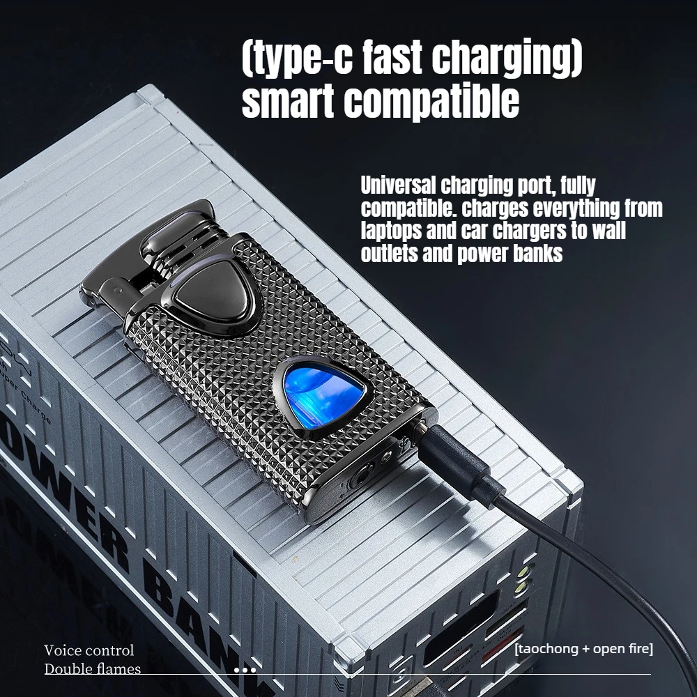 Isqueiro inteligente com controle de voz de chama dupla, comutação de chama dupla personalizada, isqueiro masculino recarregável à prova de vento