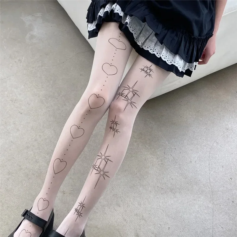 Japanese Kawaii Lolita Tights Star Heart Printing Tattoo Thigh High Stockings Pantyhose Women Sweet Girls White Tights Women