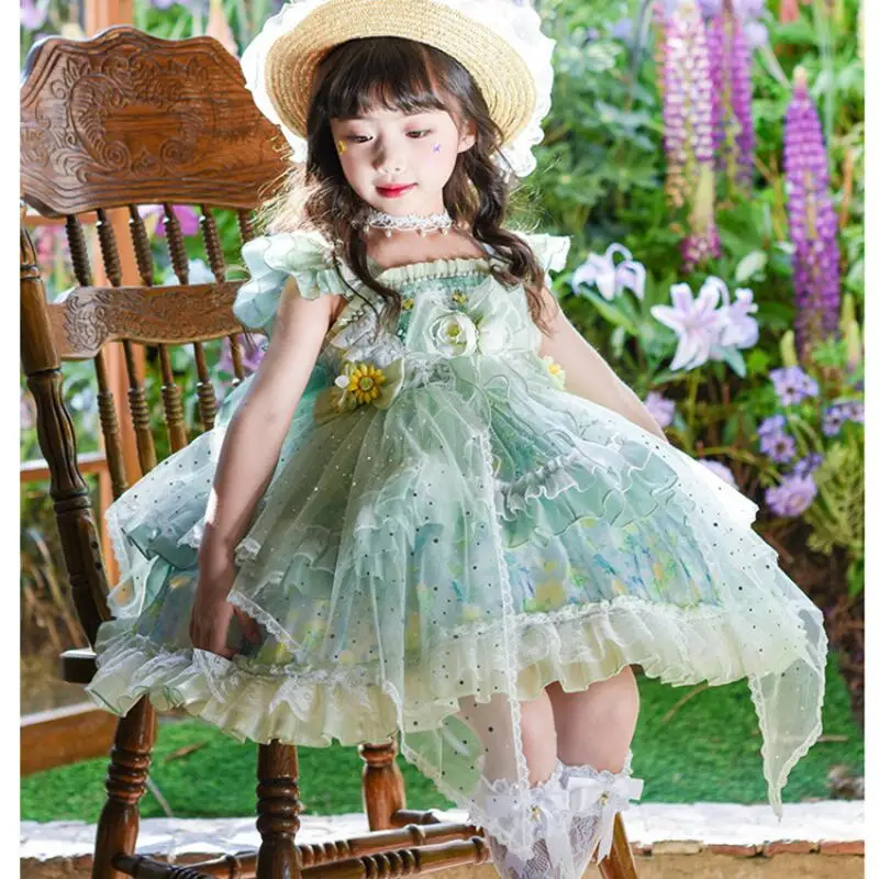 

Girl Lolita Dress Kawaii Summer Girl Mesh Flower Fairy Cake Dress Tutu Skirt Birthday Dress Princess Dress Children New Sundress
