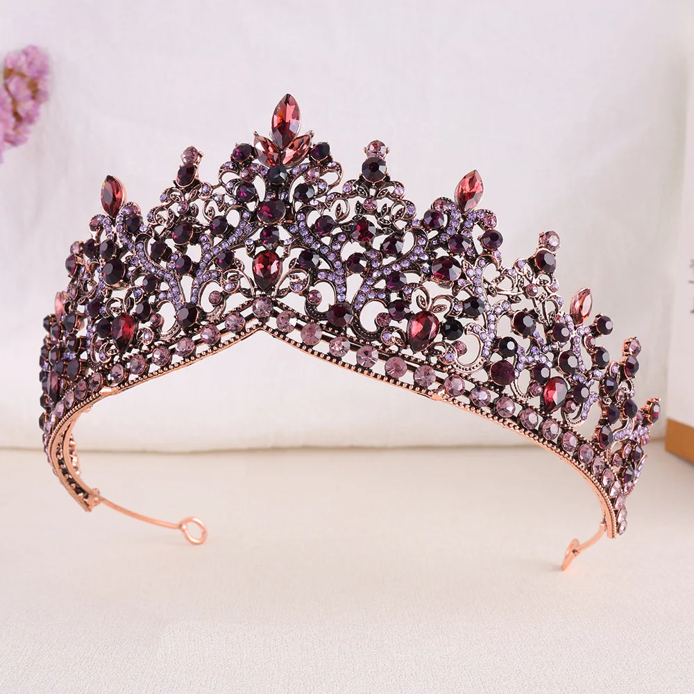 KMVEXO Vintage Black Purple Handmade Crystal Beads Fairy Elf Crowns Tiaras Bandana Women Girls Party Costume Hair Dress Jewelry