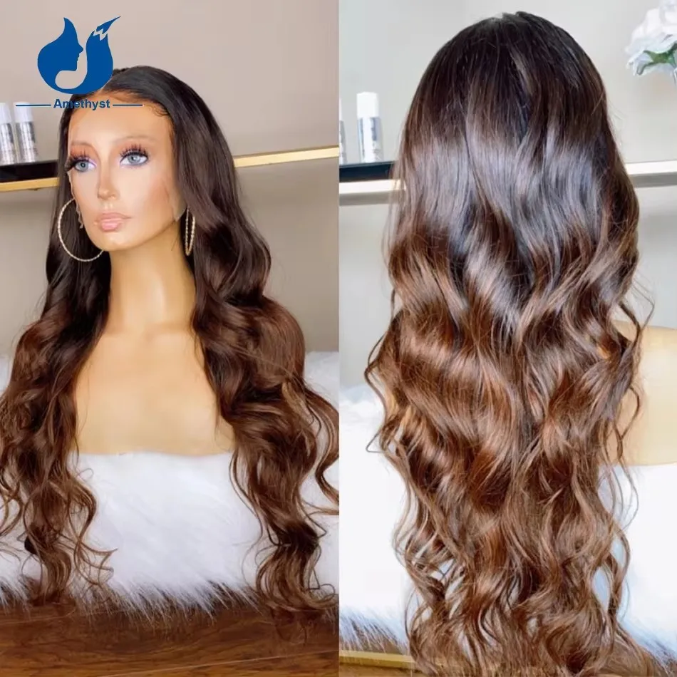 Amethist 13X6 Lace Front Human Hair Pruiken Ombre Bruin Brazilian Remy Hair Body Wave Met Baby Haar Voor Vrouwen 3 Tonen Gekleurd