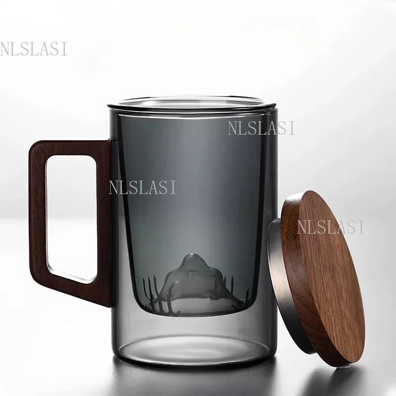 Smoky Gray Double Wall Glass Tea Mug Wooden Handle Built-in Mountain Tea Infuser with Wooden Lid Household Tea Brewing Cup