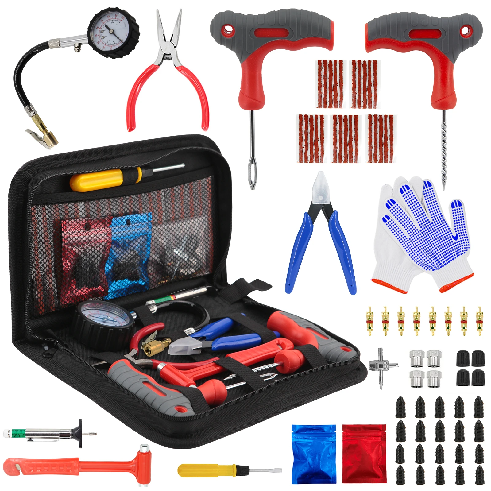 73pcs Car Tire Repair Tool Kit Auto Emergency Flat Tire Puncture Plug Needle Nose Pliers Cutter Tyre Nail Tire Pressure Gauge