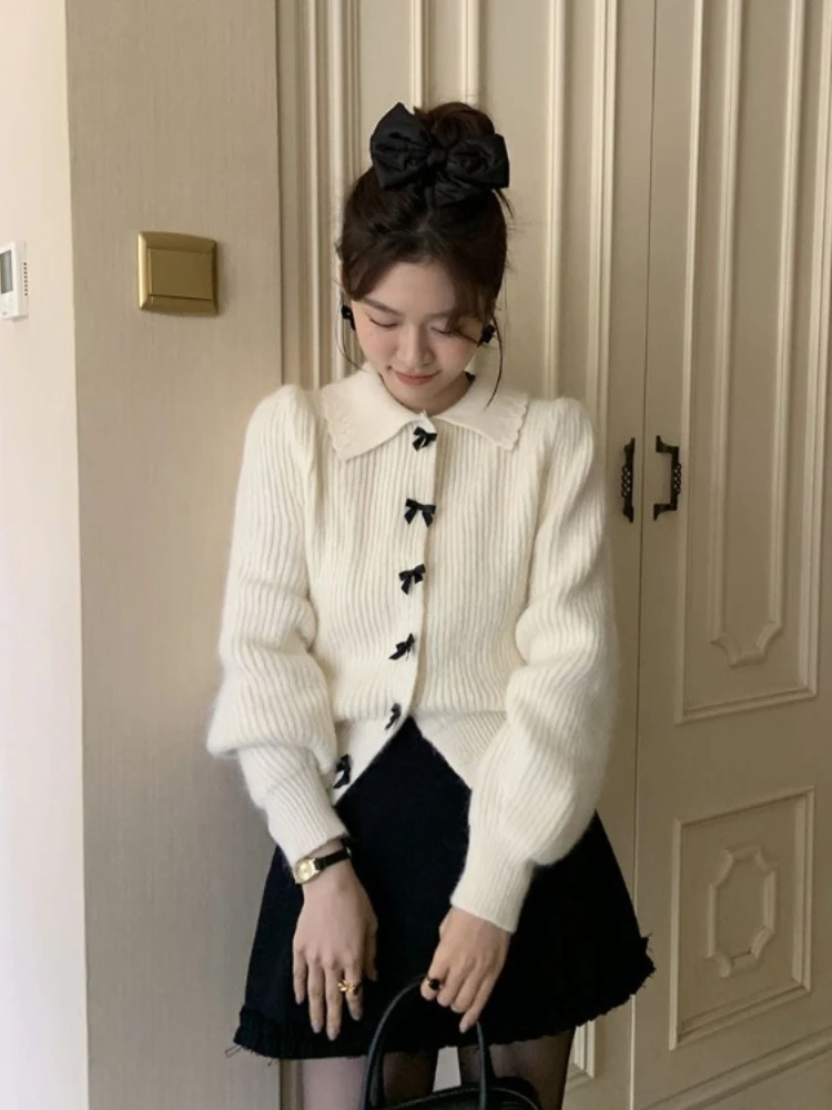 Ezgaga Cropped Cardigan Women Sweet Bow Peter Pan Collar Autumn Winter Stretch Knitted Sweater Outwear Female Sweet Tops