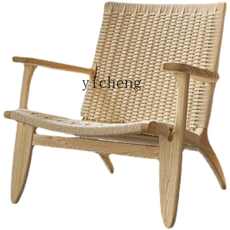 

Zf Solid Wood Sofa Balcony Home Rope Backrest Lazy Armrest Leisure Rattan Recliner