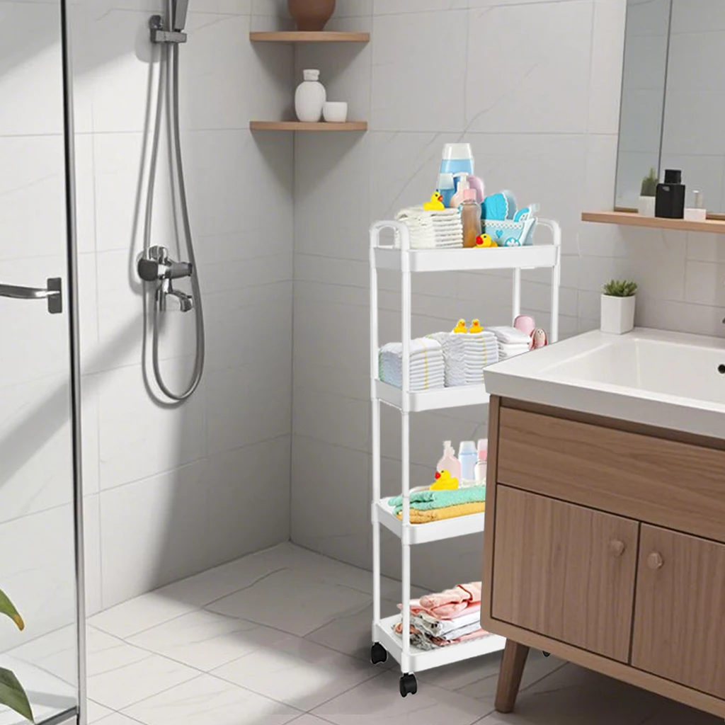 4-Tier Plastic Rolling Utility Cart with Handle Multi-Functional Storage Trolley for Bathroom Movable Organizer Rack with Wheels image 4
