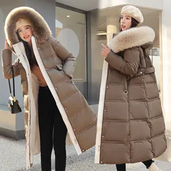 Elegant Cotton Padded Down Coats Women Hoodies Fur Collar With Belt Thicken Female Parkas 2024 Winter Fashion Lady Snow Wears