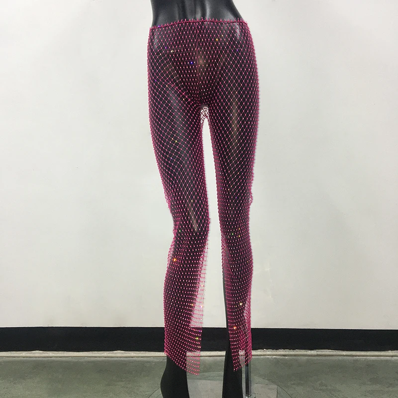 Sprankelende Strass Split Broek Uitgehold Visnet Strandbroek Vrouwen Sexy Y 2K Streetwear Nachtclub Party Rave Festival Broek