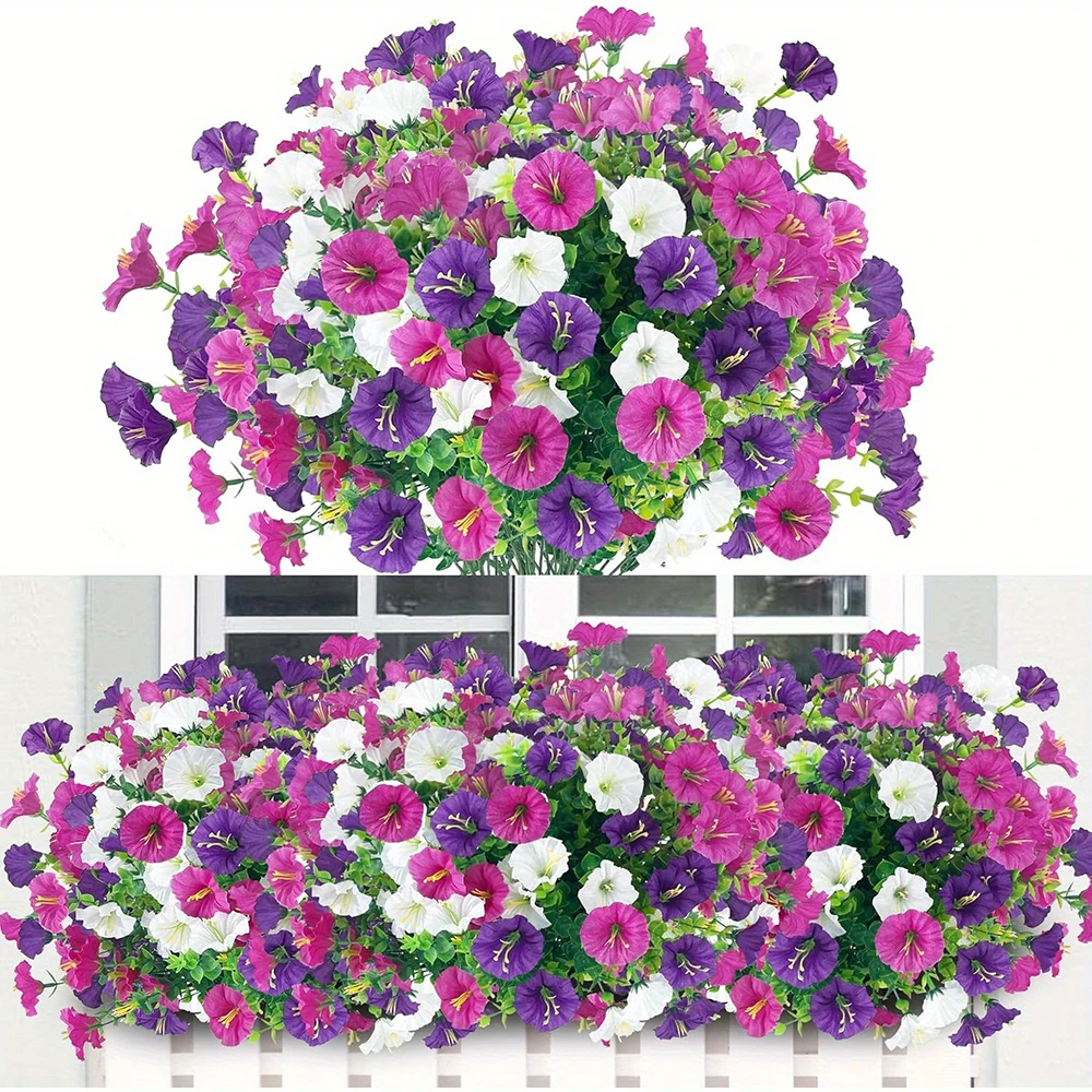 4 Bündel künstliche Blumen, künstliche Seiden-Morning-Glory-Blumen, Eukalyptuspflanzen, UV-beständig, für Garten, Sommerhaus, Außendekoration