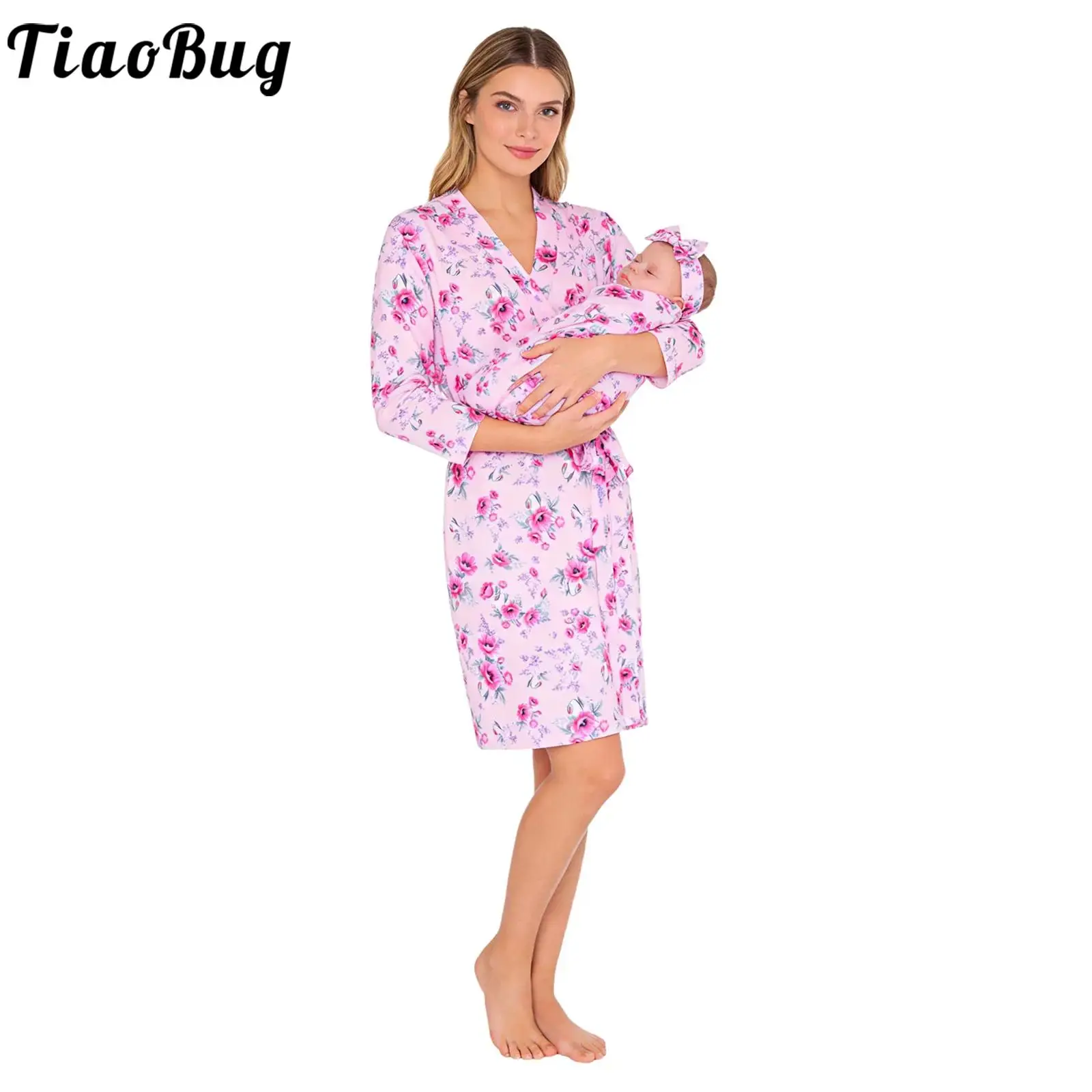 Bata de Maternidad y Manta Envolvente para Bebé, Bata de Parto de Manga Larga con Cinturón para Mamá, Conjunto de Bata de Hospital con Diadema Envolvente para Bebé
