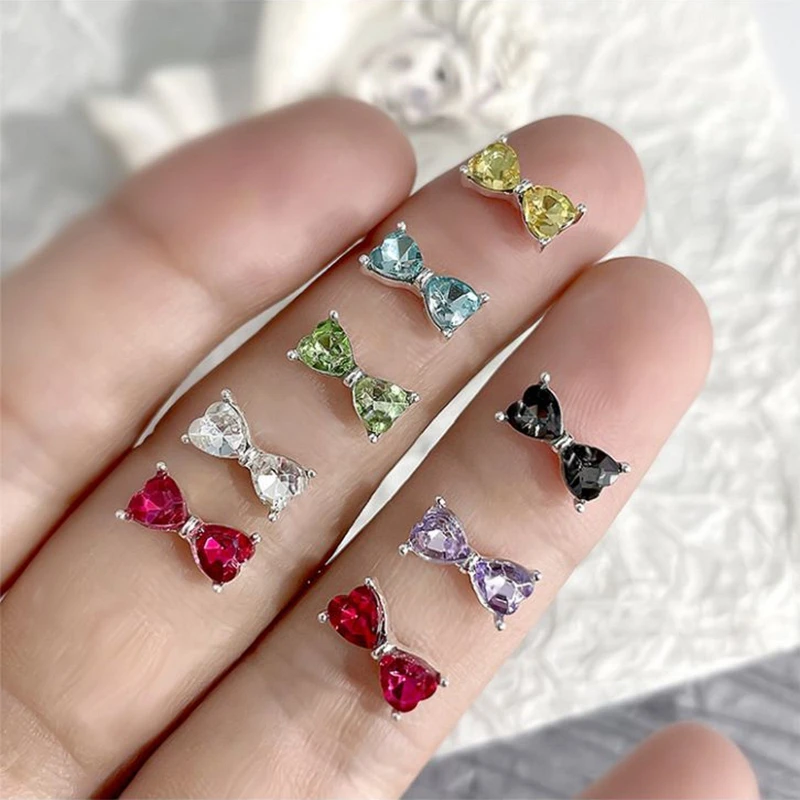 10PCS Full Rhinestone Bow Nail Art Charms Parts 3D Luxury Alloy Love Heart Bowknot Accessories For Nails Decoration Supplies 