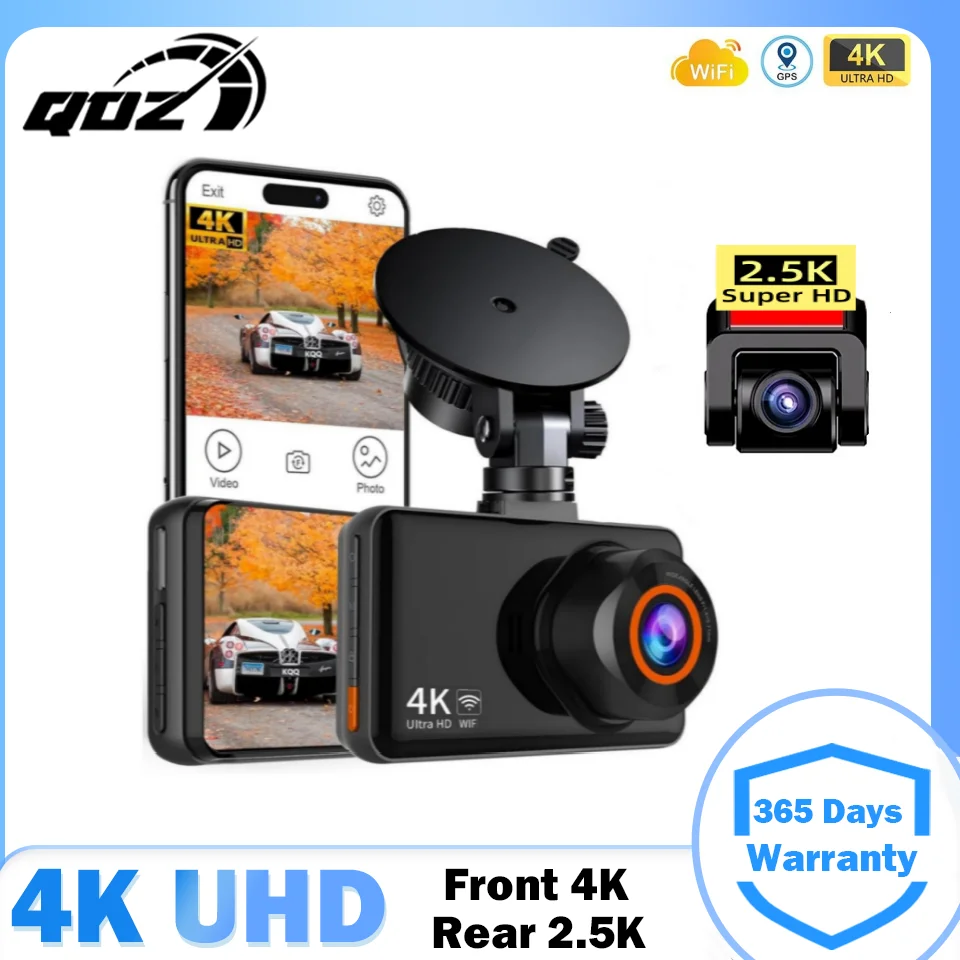

QOZ 4K UHD Dash Cam WiFi GPS Front 4K Rear 2.5K DVR Video Recorder 24H Night Vision Dash Cam Car Camera for Car Black Box
