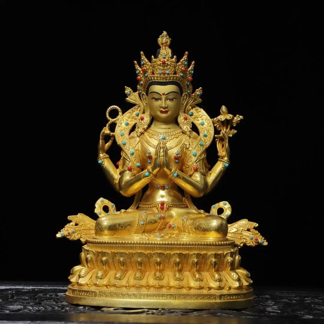 Copper gilt drawing color four-arm Guanyin height 21 cm wide 14 cm thick cm weight 1.3 kg