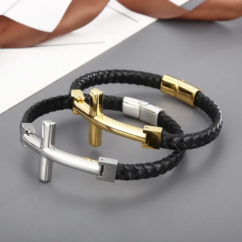 Black Genuine Leather With Cross Charm Bracelet - Stainless Steel 304