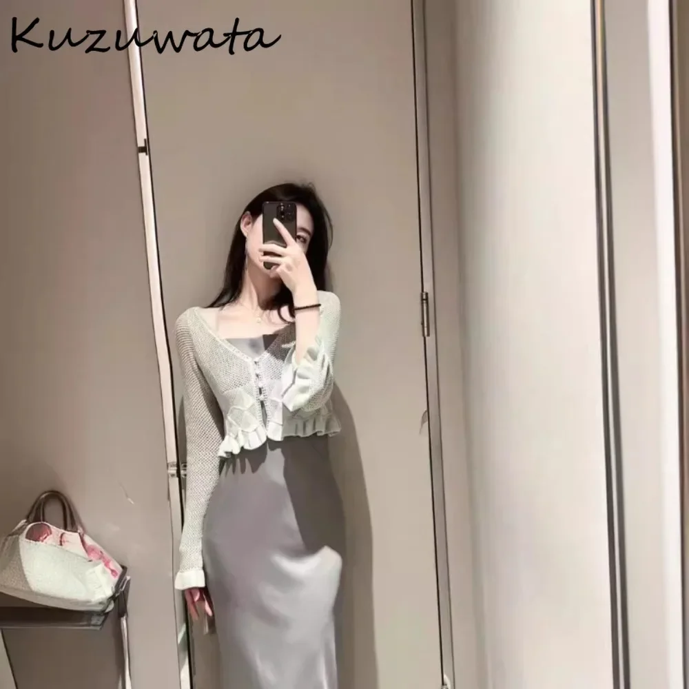 Kuzuwata Sweet V Neck Petal Sleeve Ruffles Sets Knit Cardigan Solid Mid-length Tie Sling Robe Japan Elegant Suits Slim Fit Dress