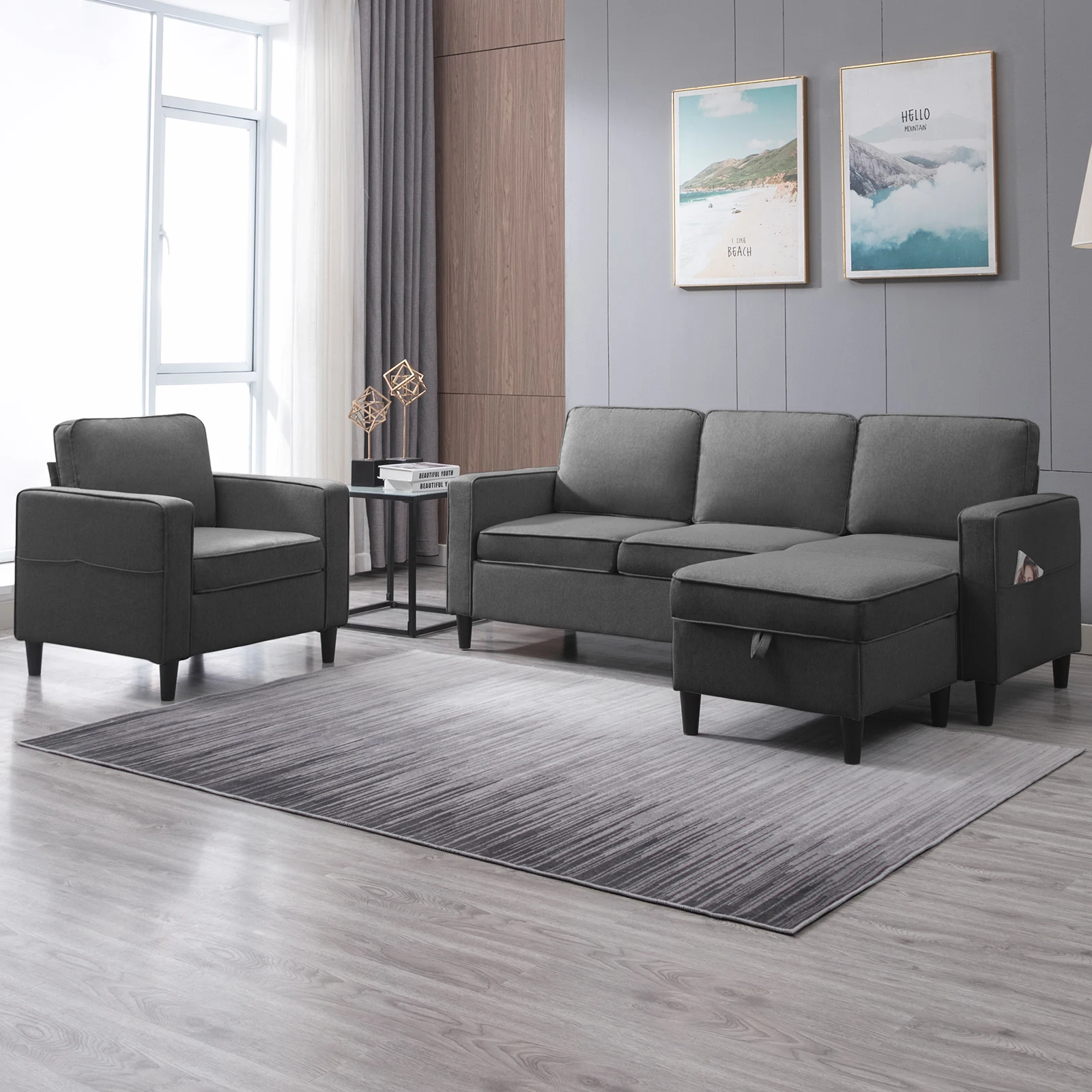 HORGAEO Sectional Couches For Living Room, Linen L-Shaped Sofa With  Armchair Couch Furniture Set For Office/Apartment