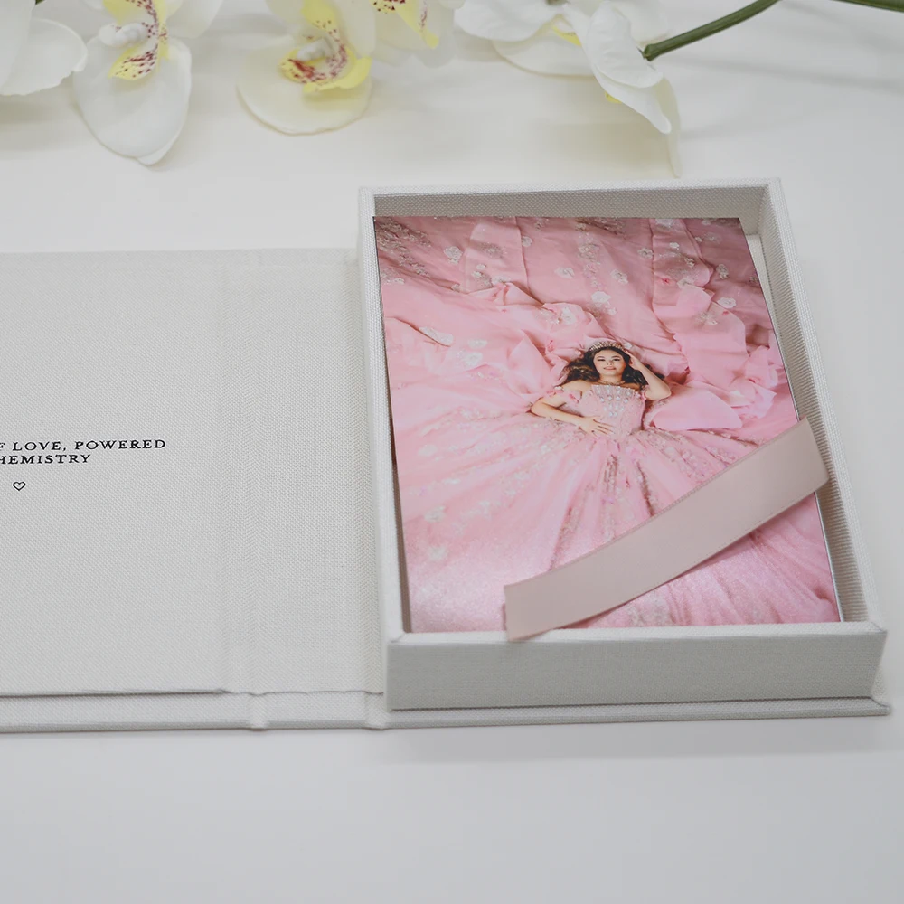 a4、a5サイズのカスタムリネン製フォトボックス、結婚式の記念品ボックス包装--写真家からクライアントへの贈り物