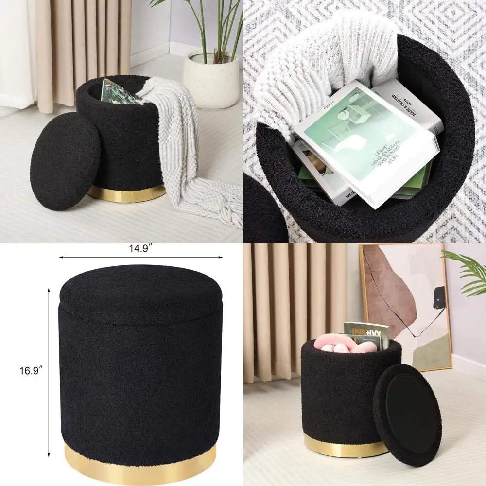 

Joveco Boucle Round Storage Ottoman, Small Upholstered Footrest Stool with Removable Lid and Gold-Plated Base, Ideal for Dorm Li