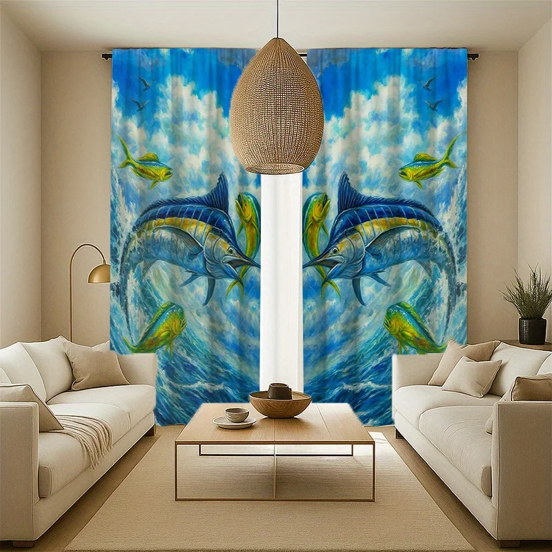 Blue Marlin Fish Curtain, Ocean Wave Print Drape, Deep Sea Fishing Decor, Tropical Marine Life Window Treatment, Home Textile